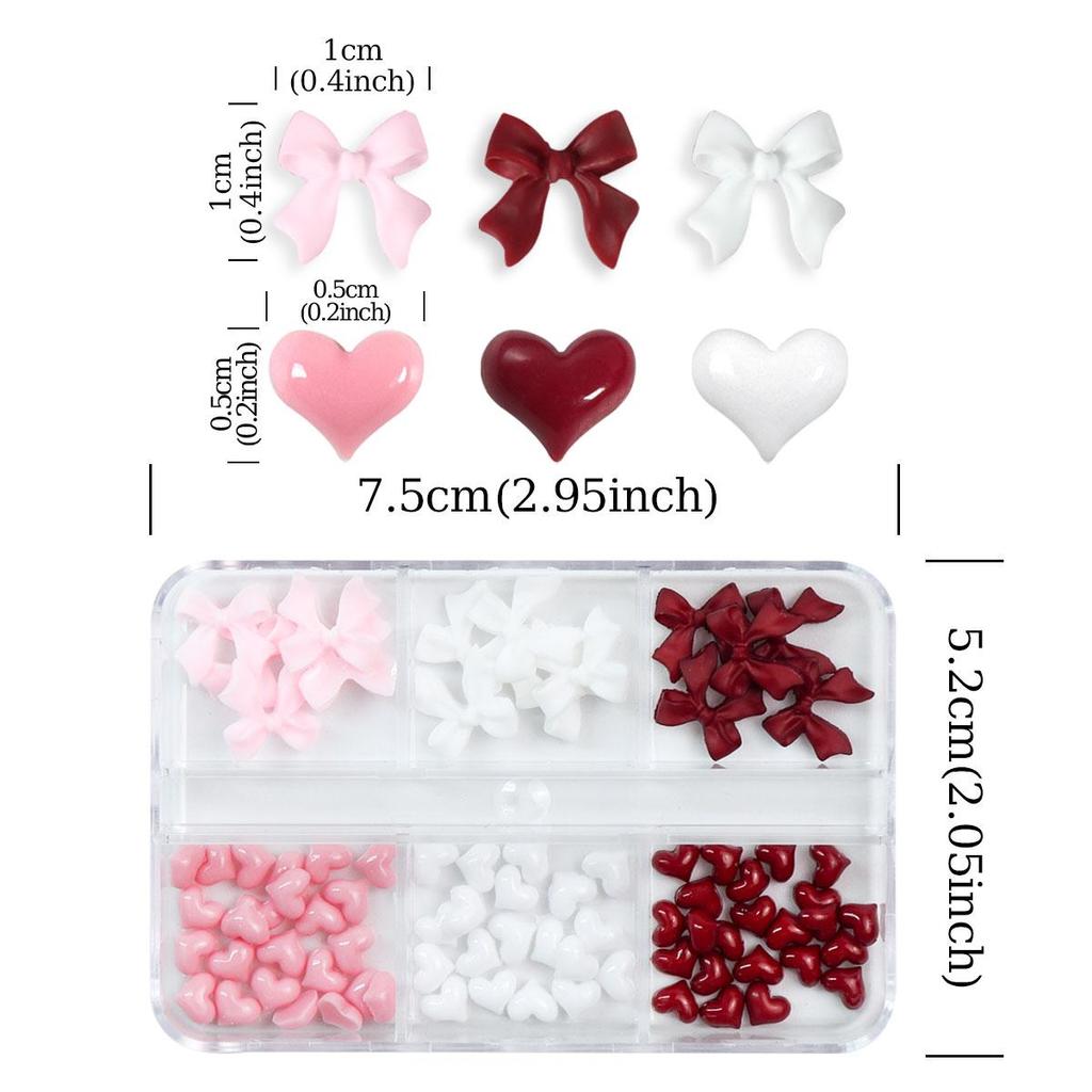 1 Box Mixed Valentine's Day 3D Nail Art Charms with Wine Red Love Heart Nail Accessories Pink Ribbon Bow Nail Art Decoration DIY Design Supplies