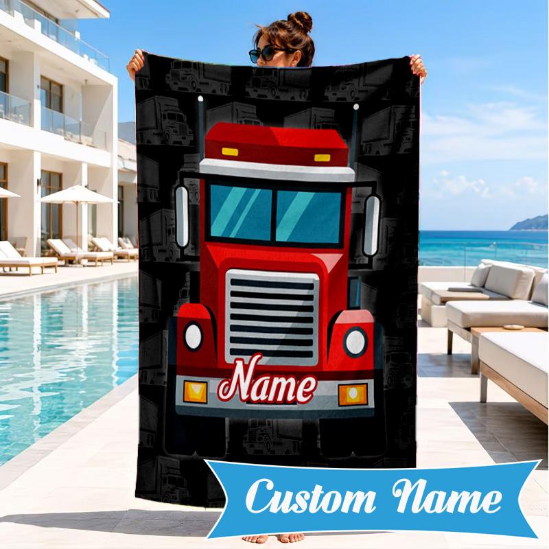 Personalisierbares Cartoon-Geländewagen-Feuerwehrauto Strandtuch Mikrofaser-Strandtuch, Leicht und Schnelltrocknend, für Sommerreisen, Schwimmbad Geschenk