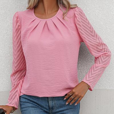 Dámský pulovr s kulatým výstřihem, jednobarevný, plisovaný, s dlouhým rukávem, šifonová košile, módní topy