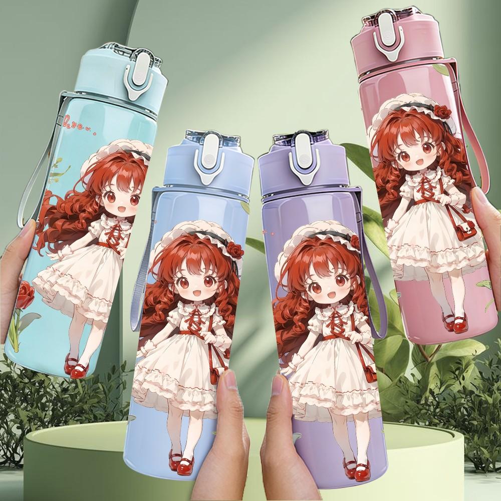 1PC Long Hair Girl Red Rose Ornament Pattern 750ml Color Plastic Sports Water Bottle Leakproof Flip Straw Lid Suitable for Sports Office Home Use