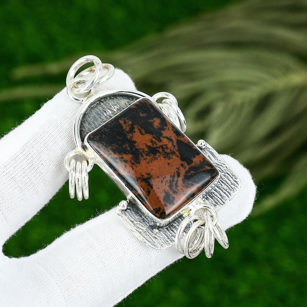 Natural Mahogany Obsidian Gemstone Pendant Brown 925 Sterling Silver Jewelry