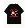 Oversize Women's Short-Sleeve T-Shirt with Cartoon Coffee Cup Figure & "MORE ESPRESSO LESS DEPRESSO" Text Print