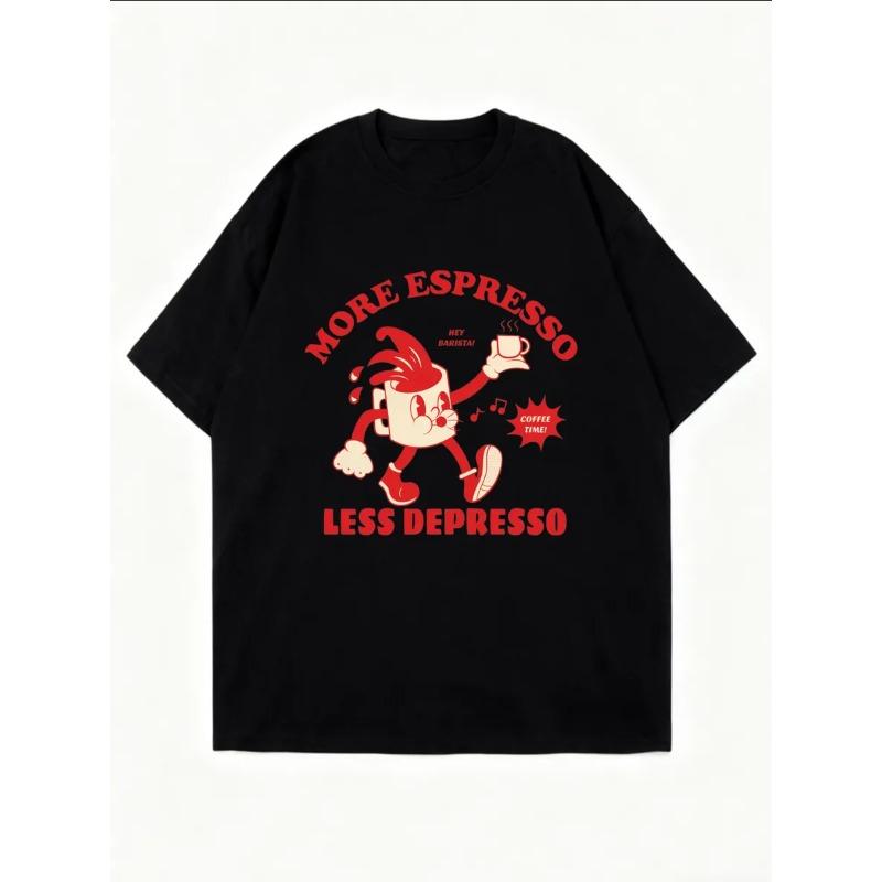 Oversize Women's Short-Sleeve T-Shirt with Cartoon Coffee Cup Figure & "MORE ESPRESSO LESS DEPRESSO" Text Print