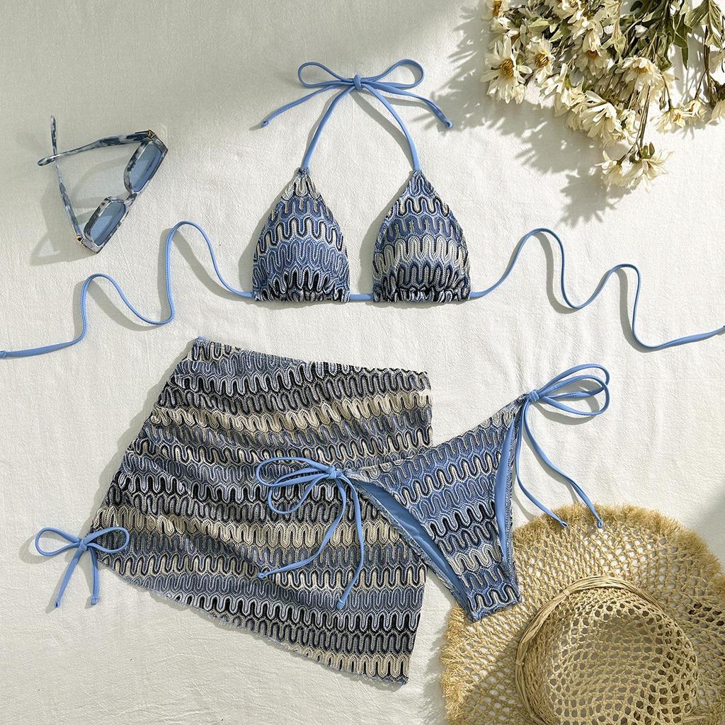 Boemia Stampato con Gonna Bikini Halter con Lacci Costume da Bagno Femminile Costumi da Bagno da Donna Set Bikini Tre Pezzi Costume da Bagno