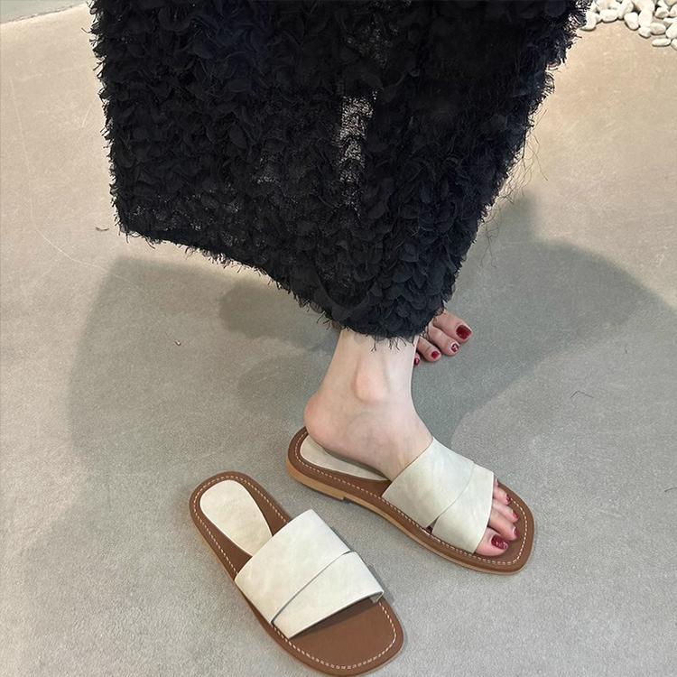 Sheepskin one-word slippers women's summer wear Korean version French evening breeze with skirt temperament soft leather flat-bottomed cool slippers