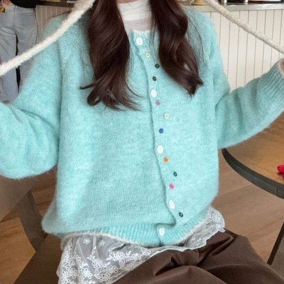 

Autumn Winter Korean Lazy Style Color Button Knit Cardigan Versatile Top Loose Womens Sweater Coat One Size синій
