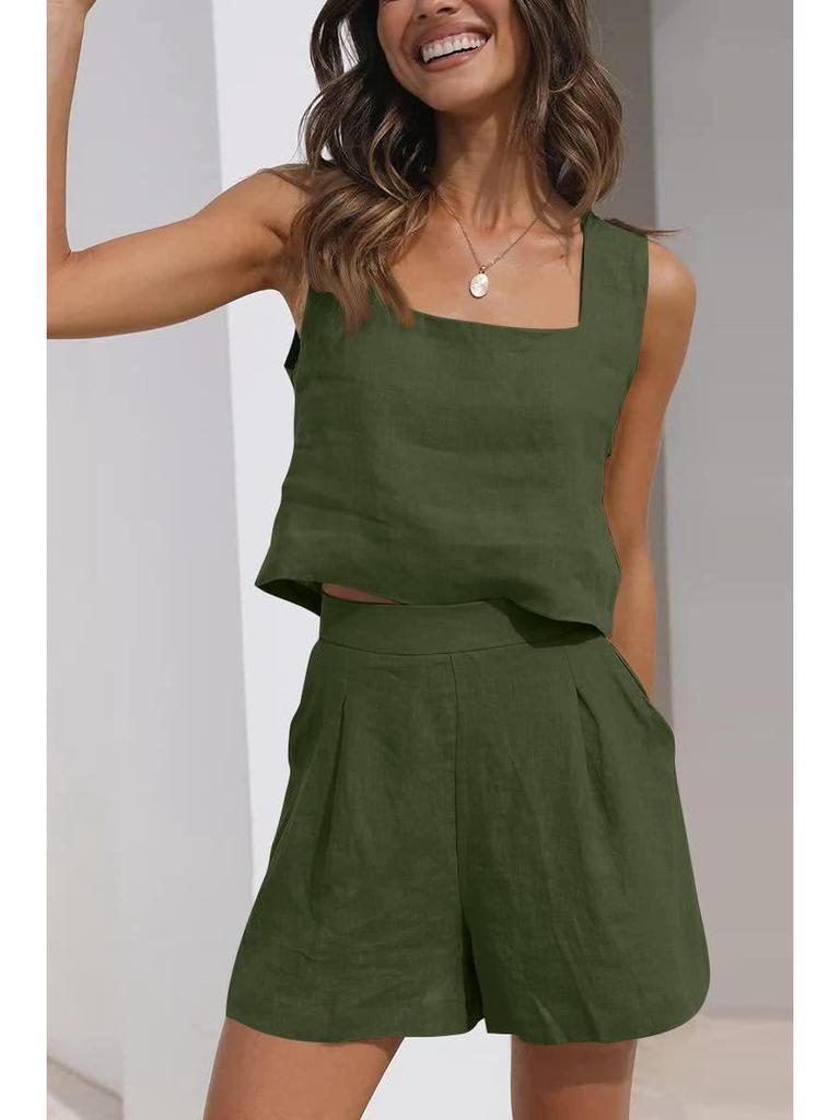 European and American Women's 2-Piece Linen Casual Set: Sleeveless Top and Shorts.