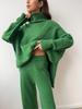 Winter Casual Lazy Style Solid Color Loose High Neck Knitted Sweater Set Pants