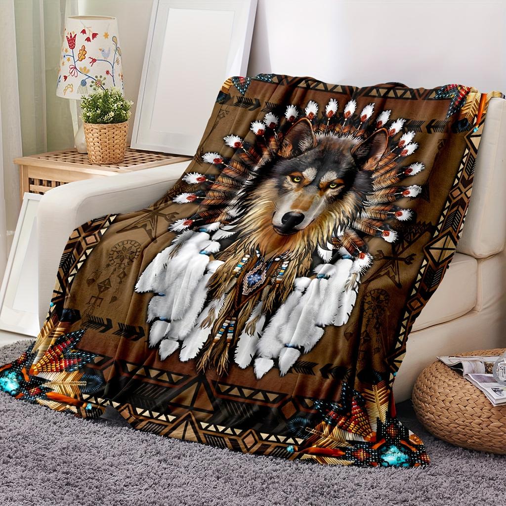 1pc Wolf patterned flannel blanket, thickened and warm, suitable for all seasons, camping, office, and dormitory covers