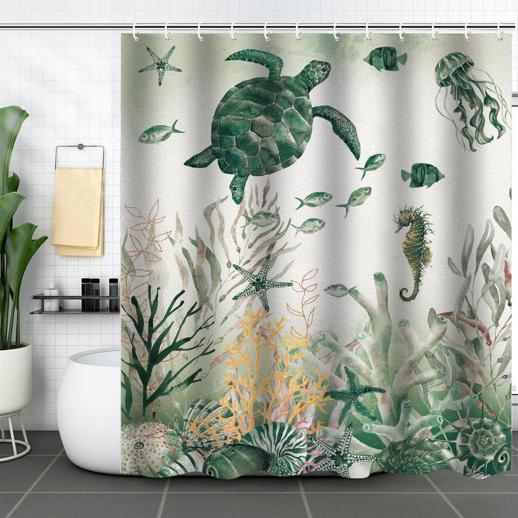 Wodoodporna zasłona prysznicowa 3D z motywem żółwia morskiego i rozgwiazdy, odporna na pleśń