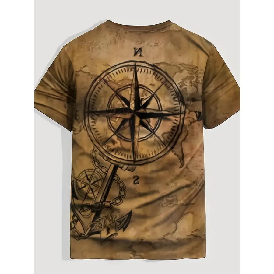 Summer Compass Print T-Shirt - Mens Stretchy Crew Neck Casual Tee with Slight Stretch Short Sleeves Weekend Casual Occasions