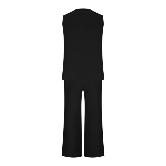 2 Pcs/Set Women Vest Pants Set Sleeveless V Neck Button Decor Wide Leg Straight Loose Solid Color Lady Top Trousers