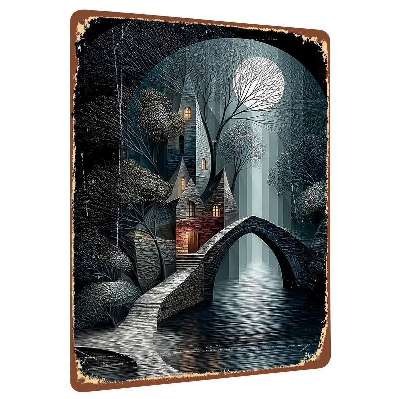 

Mysterious Castle and Stone Bridge Scenery Iron Painting Home Decorative Wall Art Under Moonlight 20x30cm（7.8x11.8inch）
