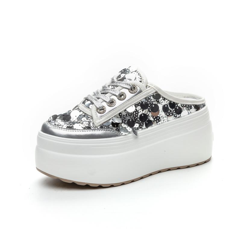 Baotou half slippers women's 2025 new summer thick-soled sequins mesh without heel outer wear slippers to increase height and show thinness women