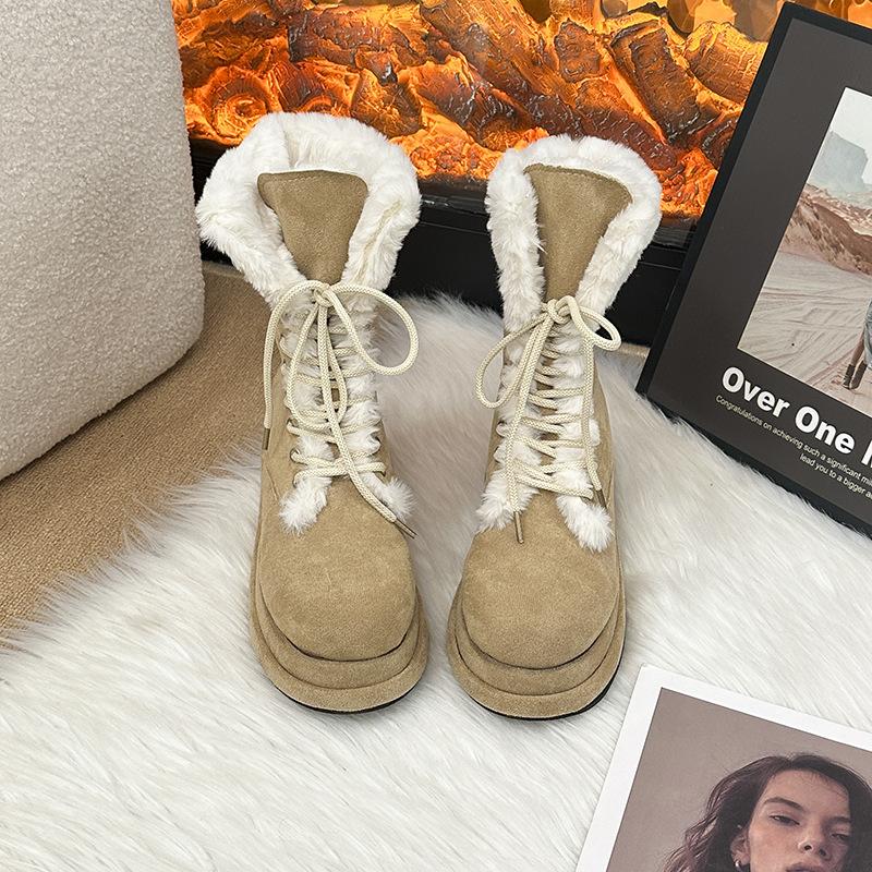 Women's Thick-soled Winter Lightweight Warm a Footstool Leather Fur One Padded Snow Boots Non-slip Wear Casual Sneakers Martin Cotton Boots