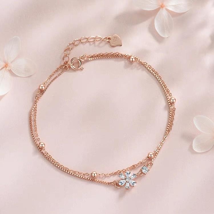 

Браслет из стерлингового серебра 925 пробы с цирконом в виде цветка вишни - Двухслойный, простой корейский стиль с индивидуальностью, для женщин S925 Sterling Silver Material розового золота