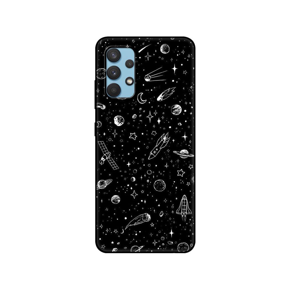 Black Tpu Case For Samsung Galaxy A12 A22 A32 A42 A52 A72 4g 5g S21 PLUS Ultra Back Cover Space Spaceship Stars and Moon