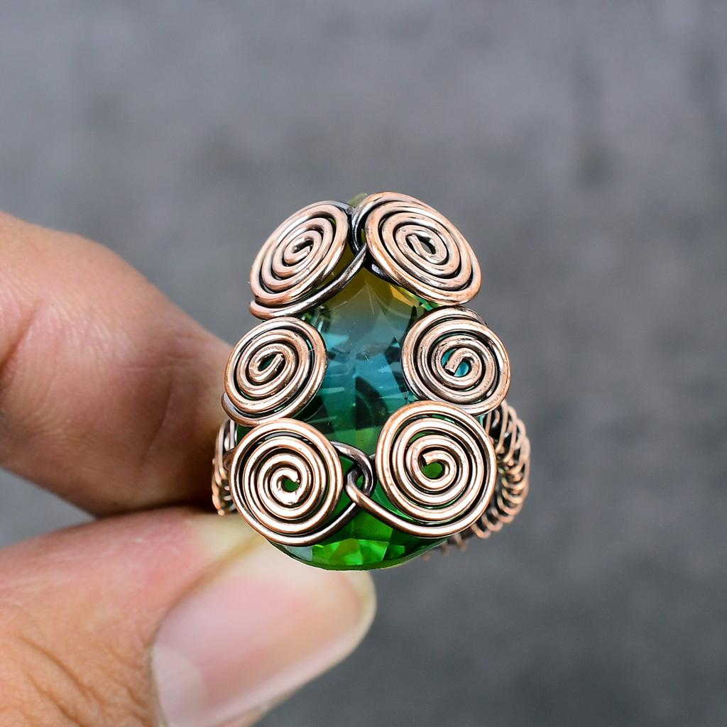 Turmalină Bicoloră Lucrat Manual Înfășurat cu Sârmă de Cupru Bijuterii Inel Mărimea 8 B6J19