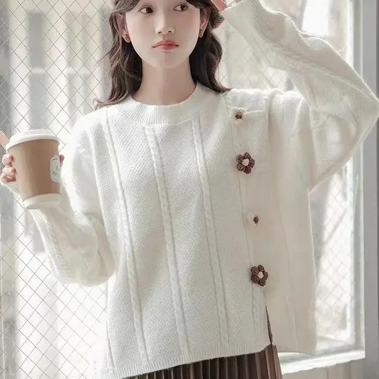 

WTEMPO Женский джемпер с длинным рукавом в японском стиле, свободный пуловер, осенне-весенний цветочный трикотаж, милый вязаный цветочный свитер L белый