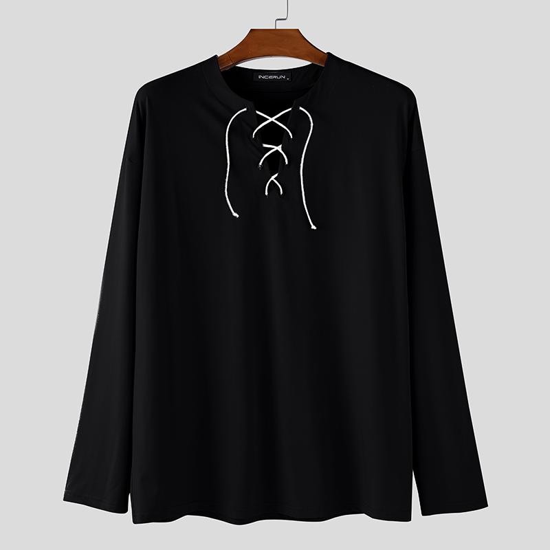INCERUN Men Lace-up Neck Long Sleeve Casual Loose Undershirts Basics Tops