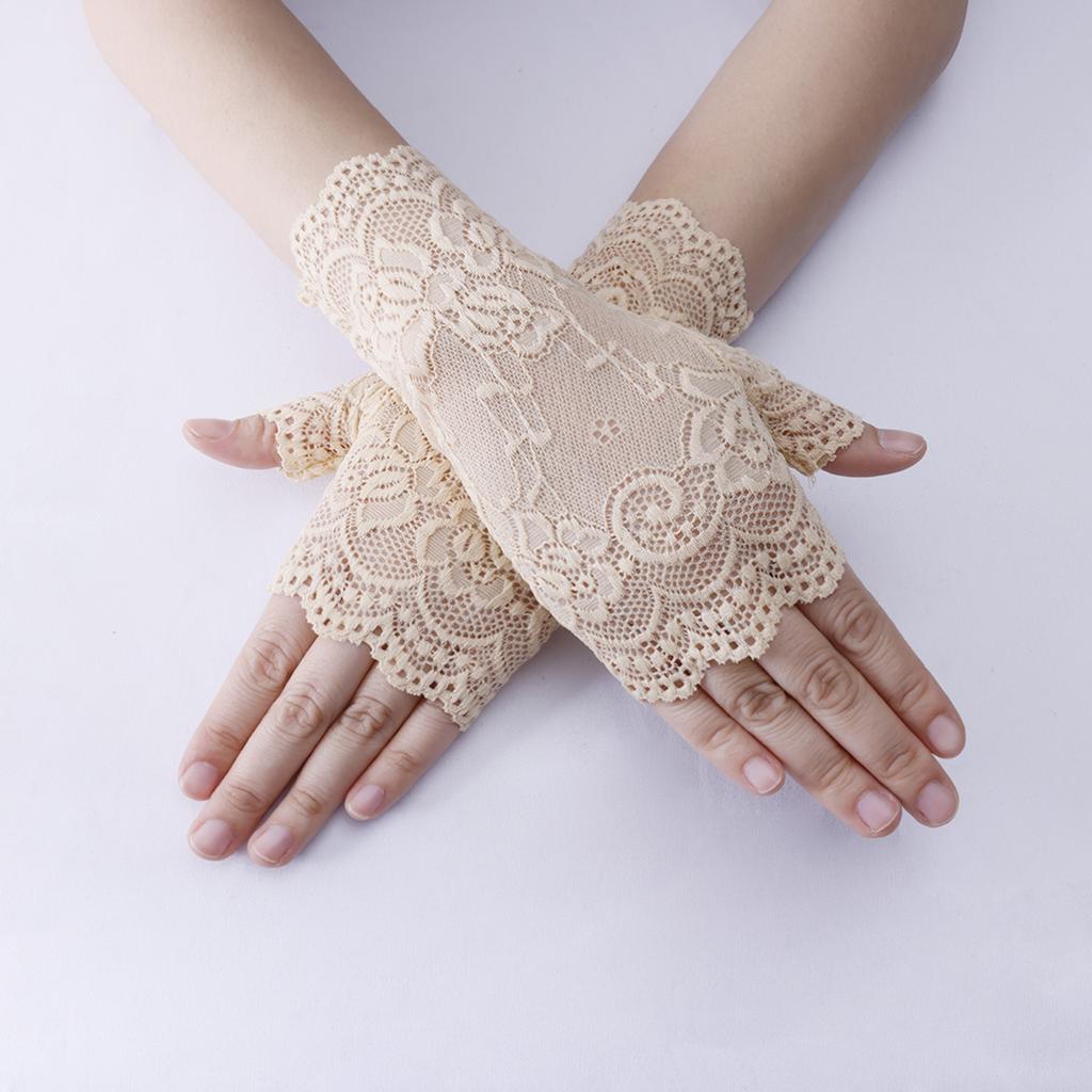Spitzen Fingerlose Handschuhe Damen Halbfingerhandschuhe Vintage Blumenmuster Handgelenklange Handschuhe für Verkleidung Kostüm Zubehör