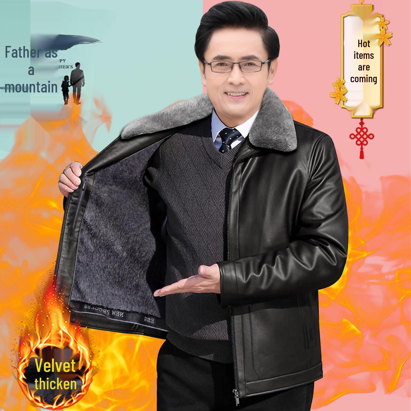 

Men s Genuine Leather & Fur Jacket - Mid-Aged & Elderly Winter Lapel, Windproof, Waterproof, Cotton-Lined. L / 50-60 kg
