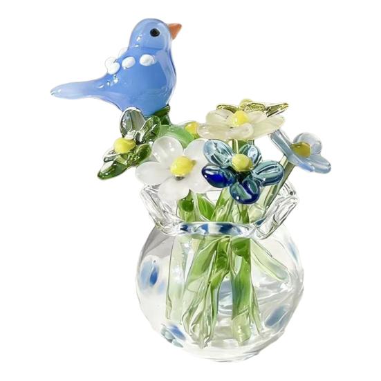 Miniature Glass Flower Figurine Small Hand Blown Faux Crystal Flower Bouquet in Vase