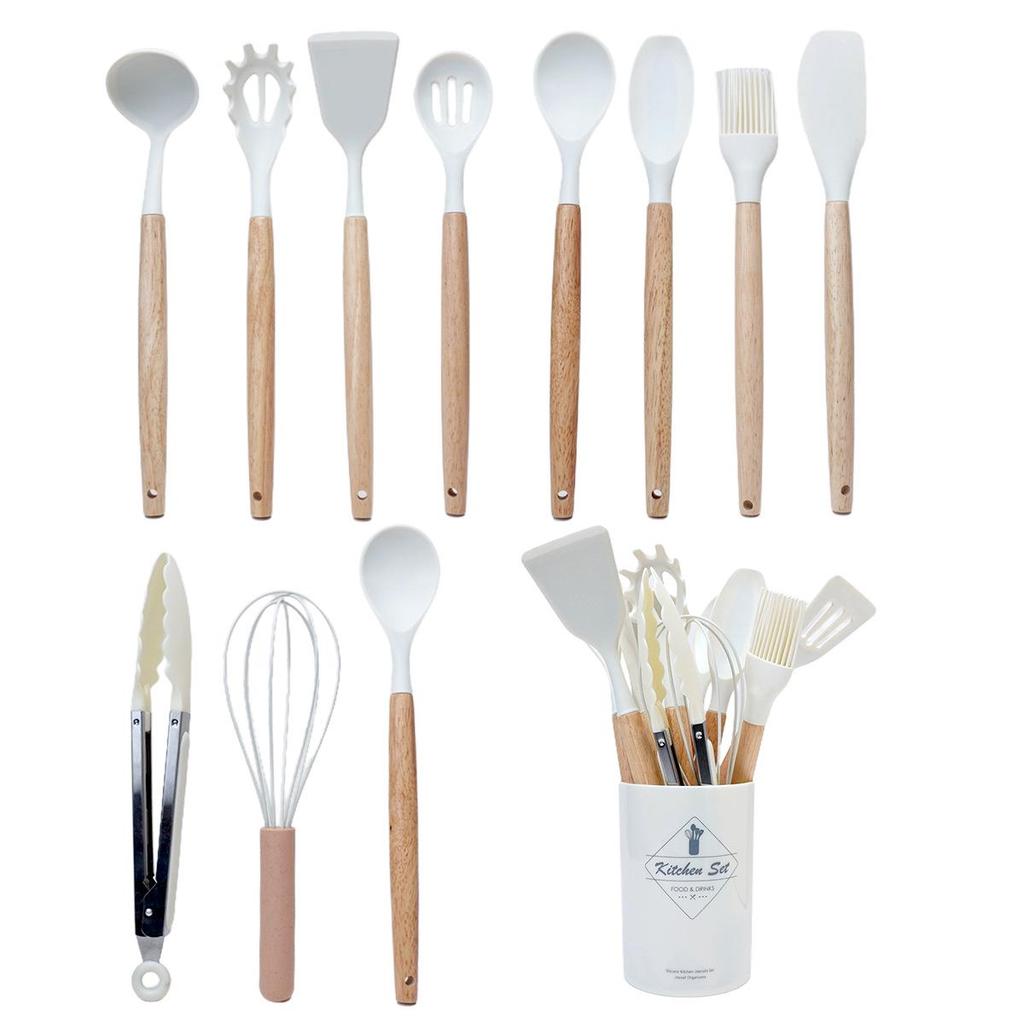 14-Piece Wooden Handle Silicone Kitchen Utensil Set with Storage Bucket for Non-Stick Cookware