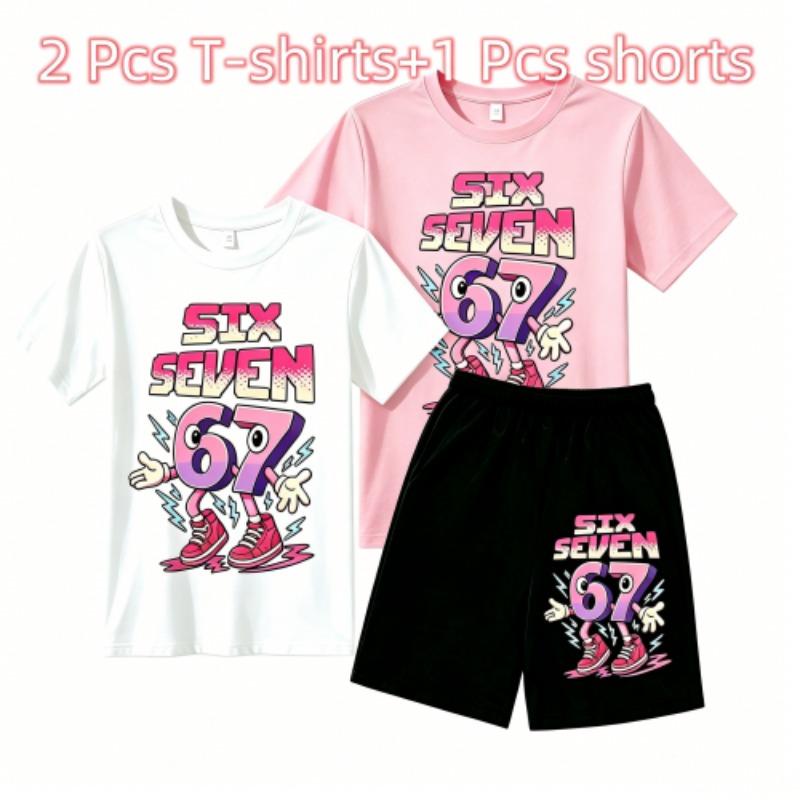 Fashion Cartoon 67 Graphic Print Outdoor Street Kids T-shirt and Shorts Summer Home Casual Outfit Boy and Girl's Sports Set