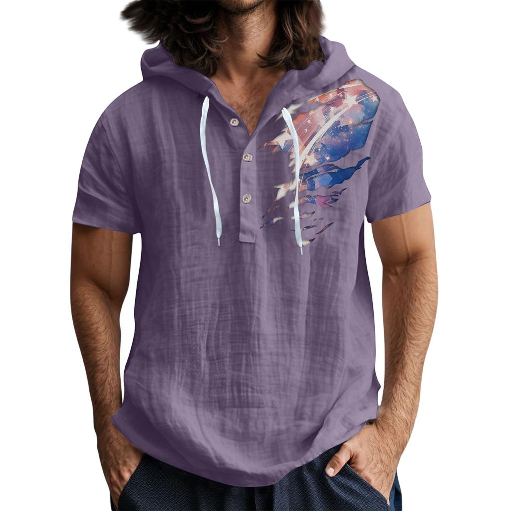 Męska koszulka z krótkim rękawem i kapturem, zapinana na guziki, z odkrytym dekoltem