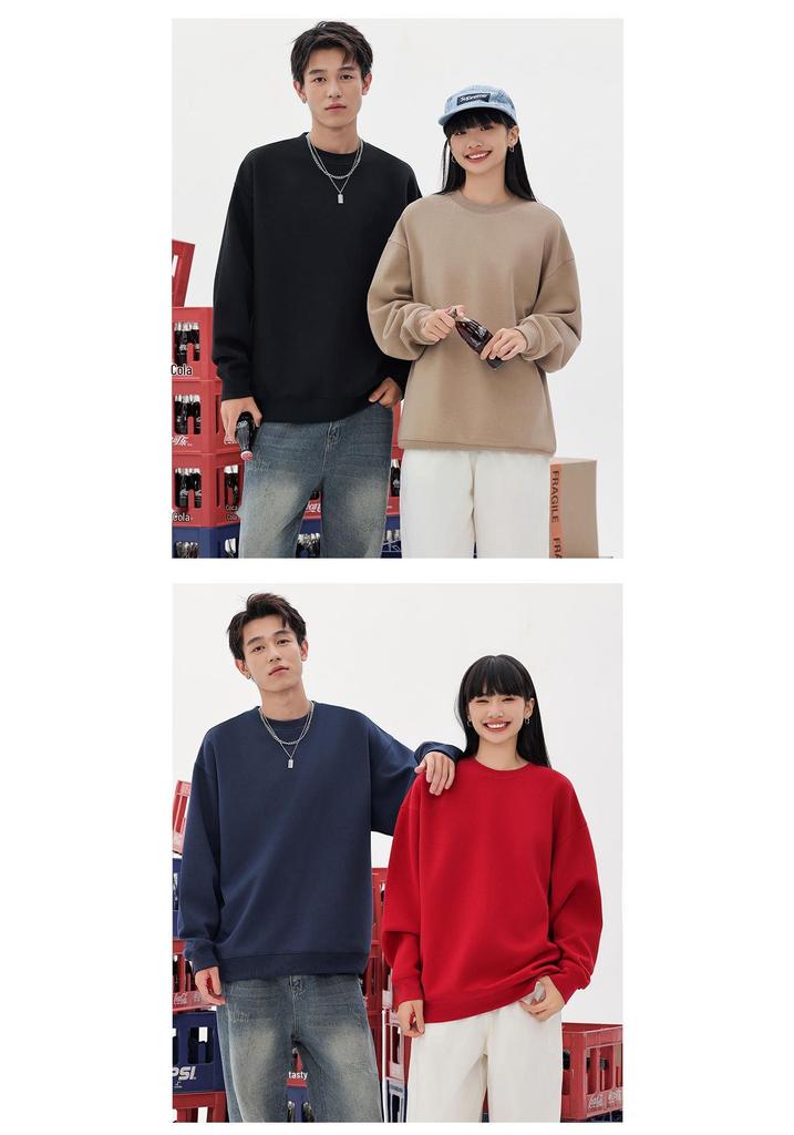 Women's Oversize American Retro Heavyweight Sweatshirt - Solid Color, Round Neck, Autumn/Winter Style