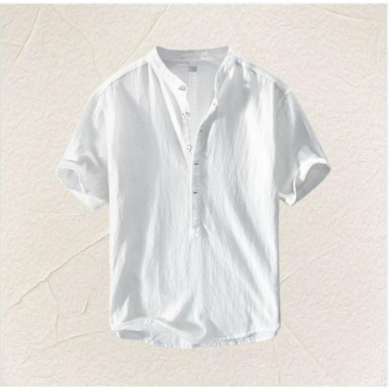 Men S Casual Solid Color Short Sleeve Stand Collar Loose Fit Shirt