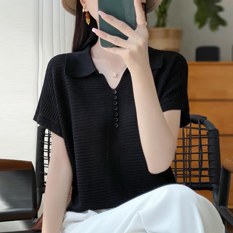 Women Knit T-shirt Summer Knitted Shirt Short Sleeve Tees Turn-down Collar Pullover Knit Tops Female