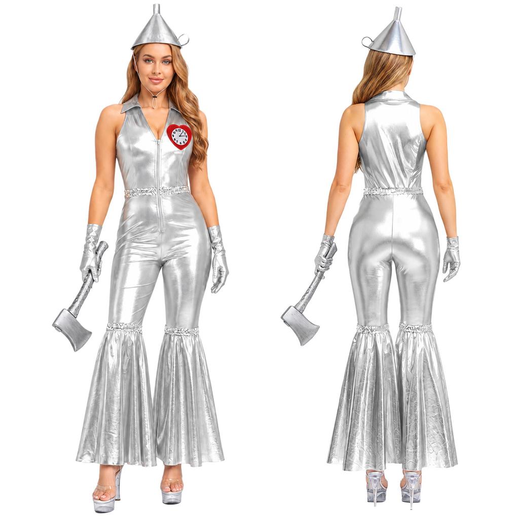 Women Tin Costume Halloween Jumpsuit Sequin Front Zipper Lapel V Neck Sleeveless Bell-bottom with Hat Axe Gloves Heart Clock Brooch for Themed Party