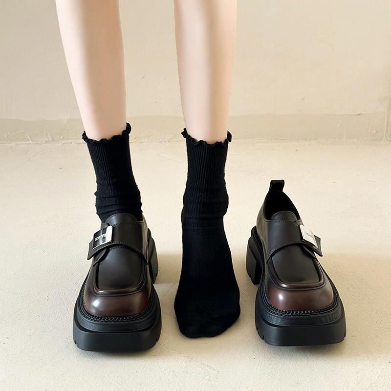 Black French Loafers Women's 2025 Spring and Autumn New Muffin Platform High-heeled Single Shoes British Mary Jane Small Leather Shoes