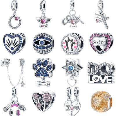 100 %925 Silver Pink Heart Angel Flowers Paw Print Music Pendant Blue Eye Beads Fit Charms Bracelet Jewelry