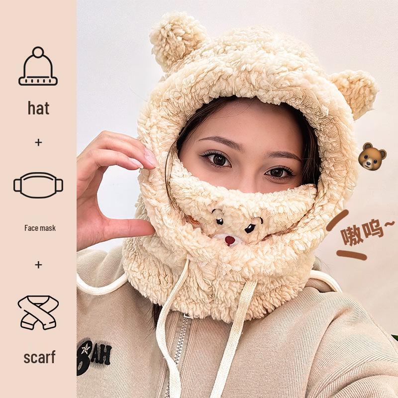 Nowy damski jednoczęściowy kapelusz z kapturem i szalik: Pluszowy, Pogrubiony, Ciepły, Miękki, Zimowy, Ochrona przed zimnem i uszu, Ocieplacz na szyję, Uroczy design.
