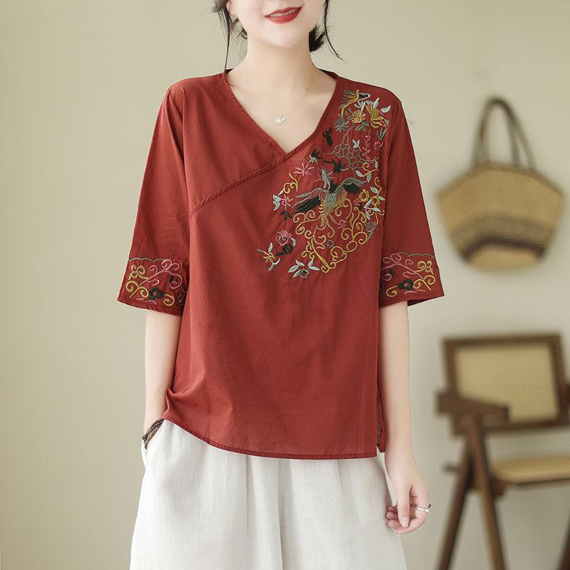 Summer Retro Ethnic Style Solid Color V-neck Heavy Industry Embroidered Shirt Women's All-match Casual Thin Top