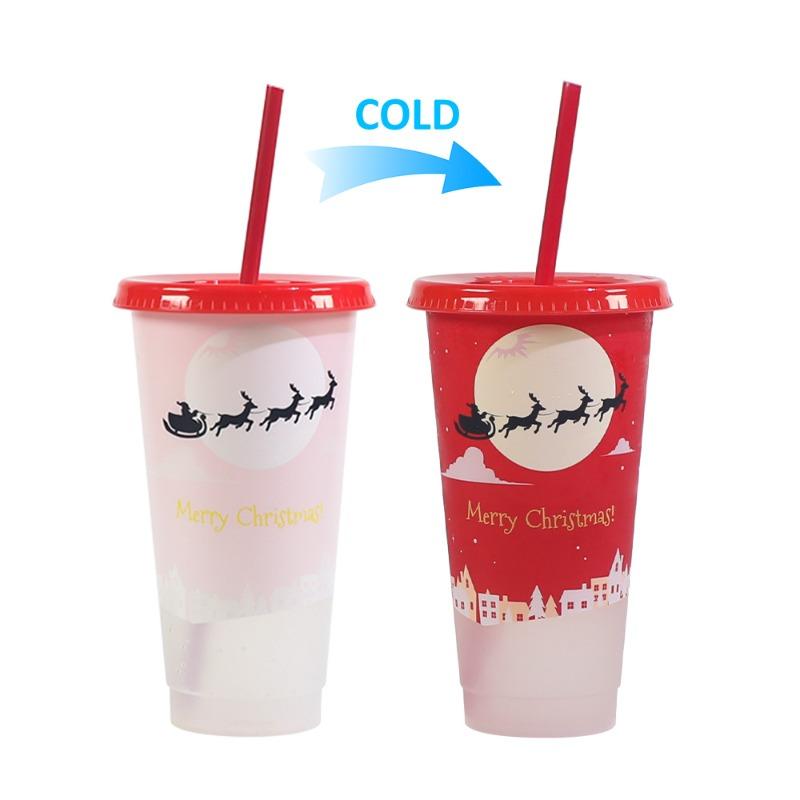 

710ml Plastic Straw Cup Halloween Christmas Color Changing Cup with Lid Plastic Cold Bucket Party Drink Cup Iced Drinks Mug