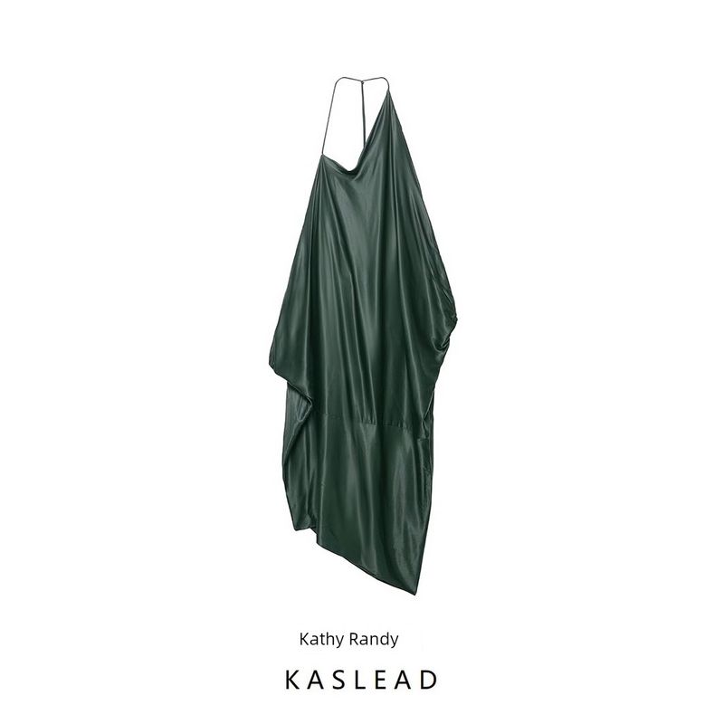 Kaslead New Women clothes Western Style Fashion Asymmetric Silk Satin Texture Dress 8073126