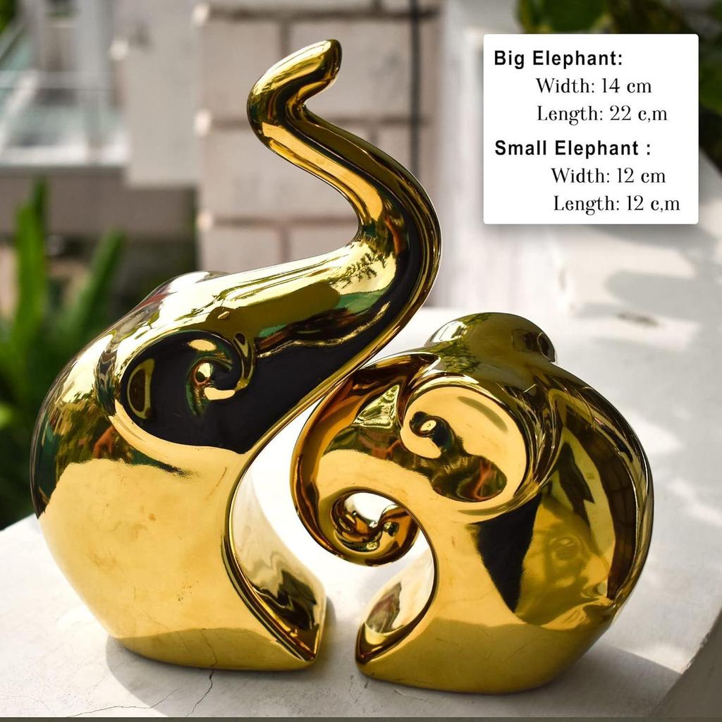Home Decor Elephant Set | Ceramic Figurines - (Set of 2 Piece, Golden)