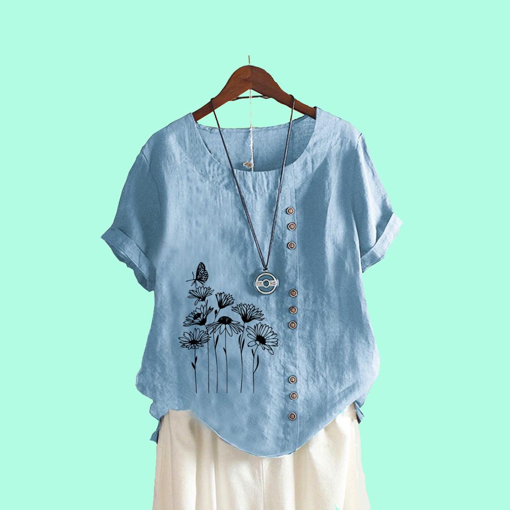 Frauen Casual Print T-shirt Sommer Mode Kurzarm Top Runde Kragen Lose Plus Größe Blusen