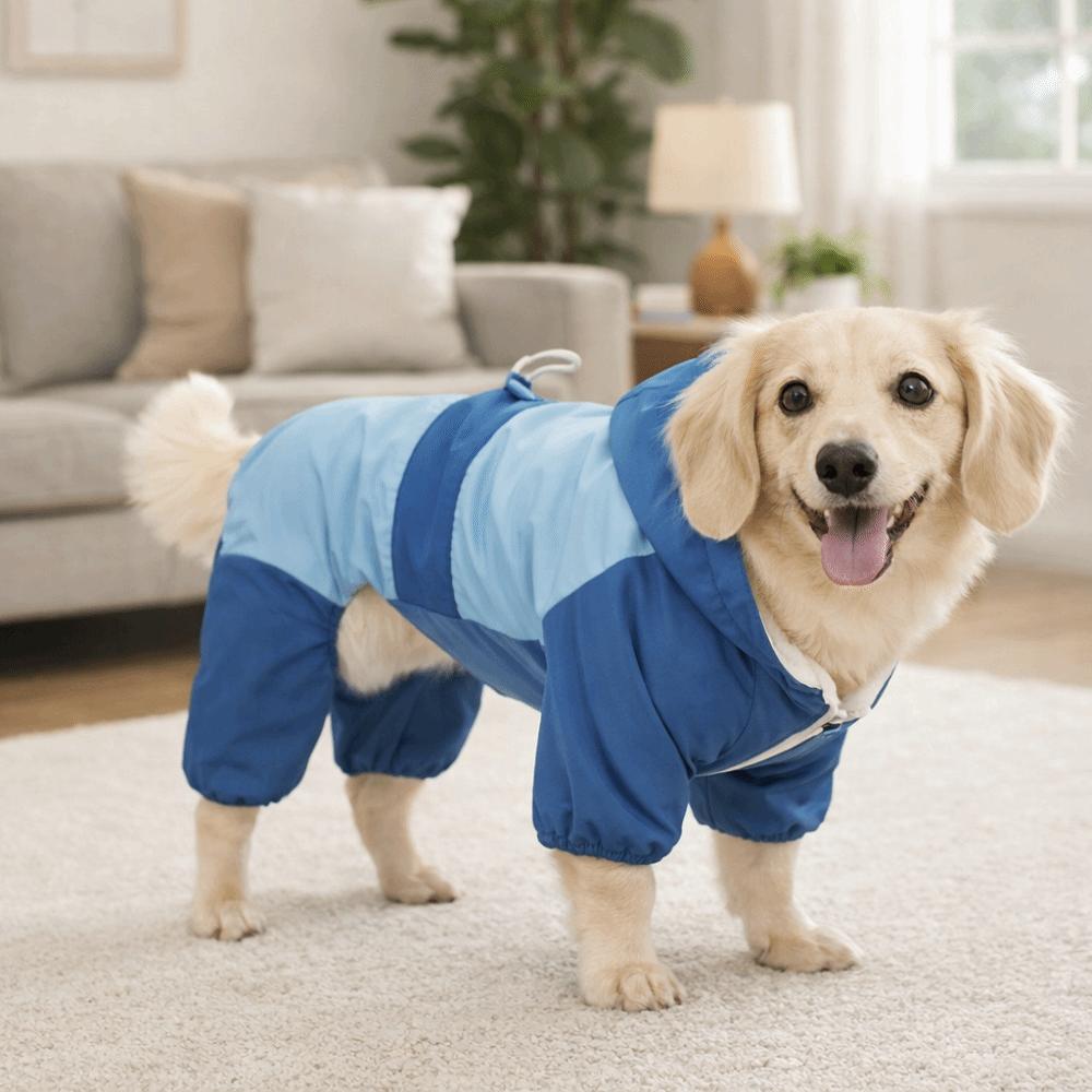 Thick Velvet Dog Hooded Jumpsuit Winter Warm Dog Four Legged Clothes Dog Raincoat  Indoor