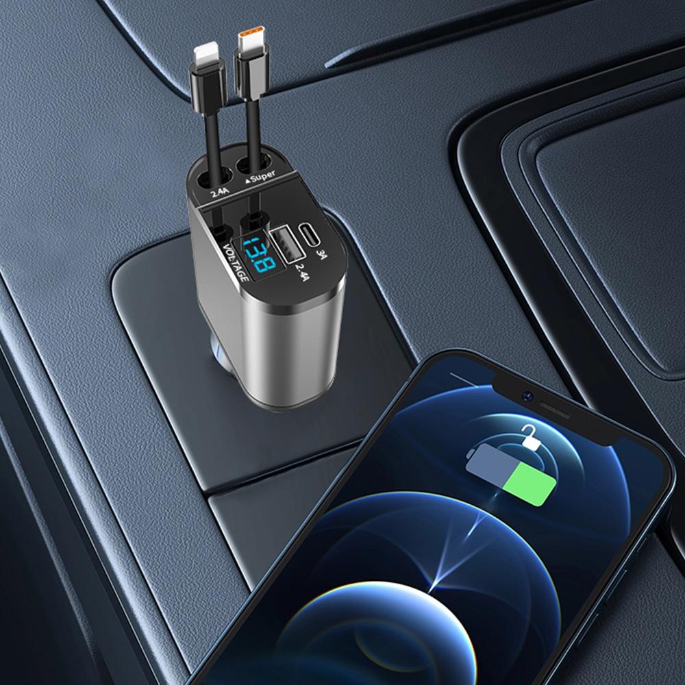 120W 4 IN 1 Retractable Car Charger USB C Cable For IPhone Huawei Samsung Fast Charge Cord Cigarette Lighter Adapter PD QC3.0