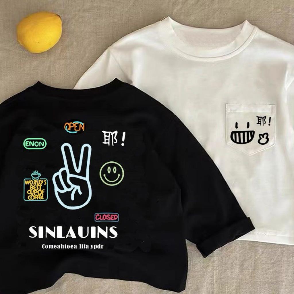 

Детская хлопковая футболка с длинным рукавом, карманом и принтом, круглым вырезом, свободного кроя для весны и осени - Доступна в подростковых размерах 160cm