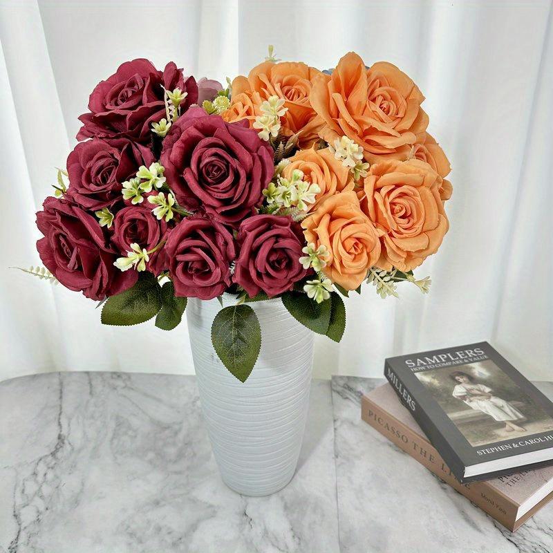 1Pc Plastic 7-Head Rose Green Plant Bouquet, Fake Flower