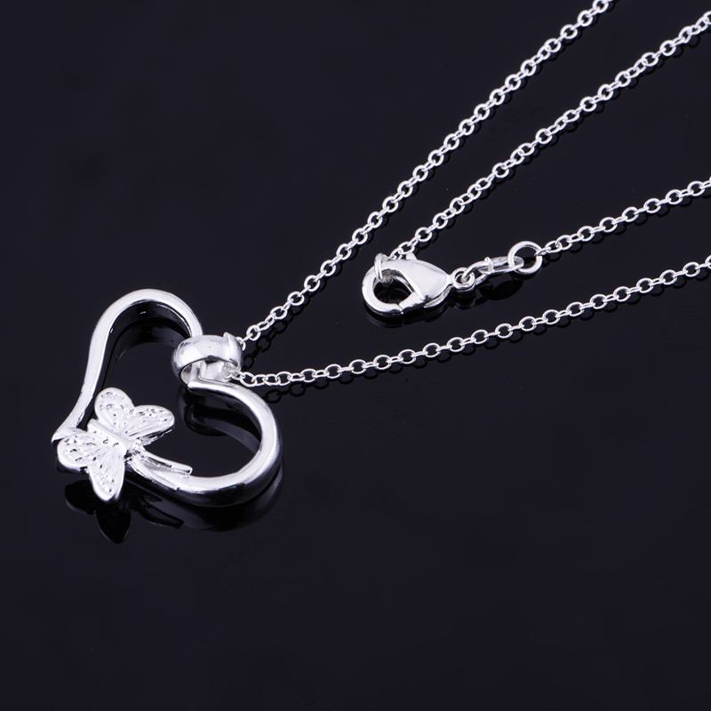 

Сердцевидная бабочка блестящее посеребренное ожерелье 925 ювелирные изделия серебряный кулон модные ювелирные изделия 45cm