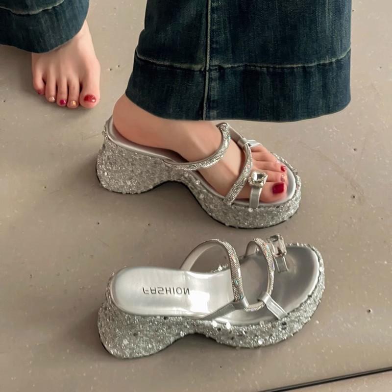Thick-bottomed wedge slippers women's new summer outer wear fashion sequins transparent one-word set toe high-heeled sandals women