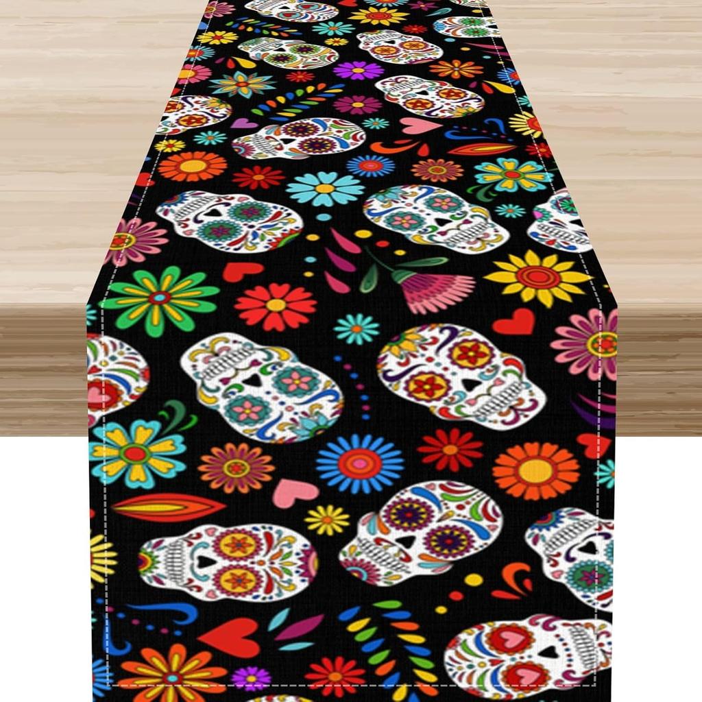 Mexican Day of The Dead Skull Floral Linen Table Runner Tabletop Decor Reusable Kitchen Dining Table Runner Holiday Party Decor