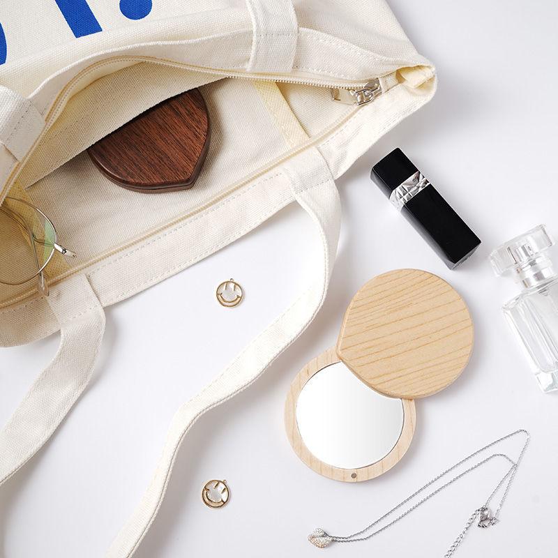 Wooden HD Handheld Mirror Portable Portable Small Mirror Slide Cover Mini and Simple Cosmetic Mirror Female Custom Creative Gift